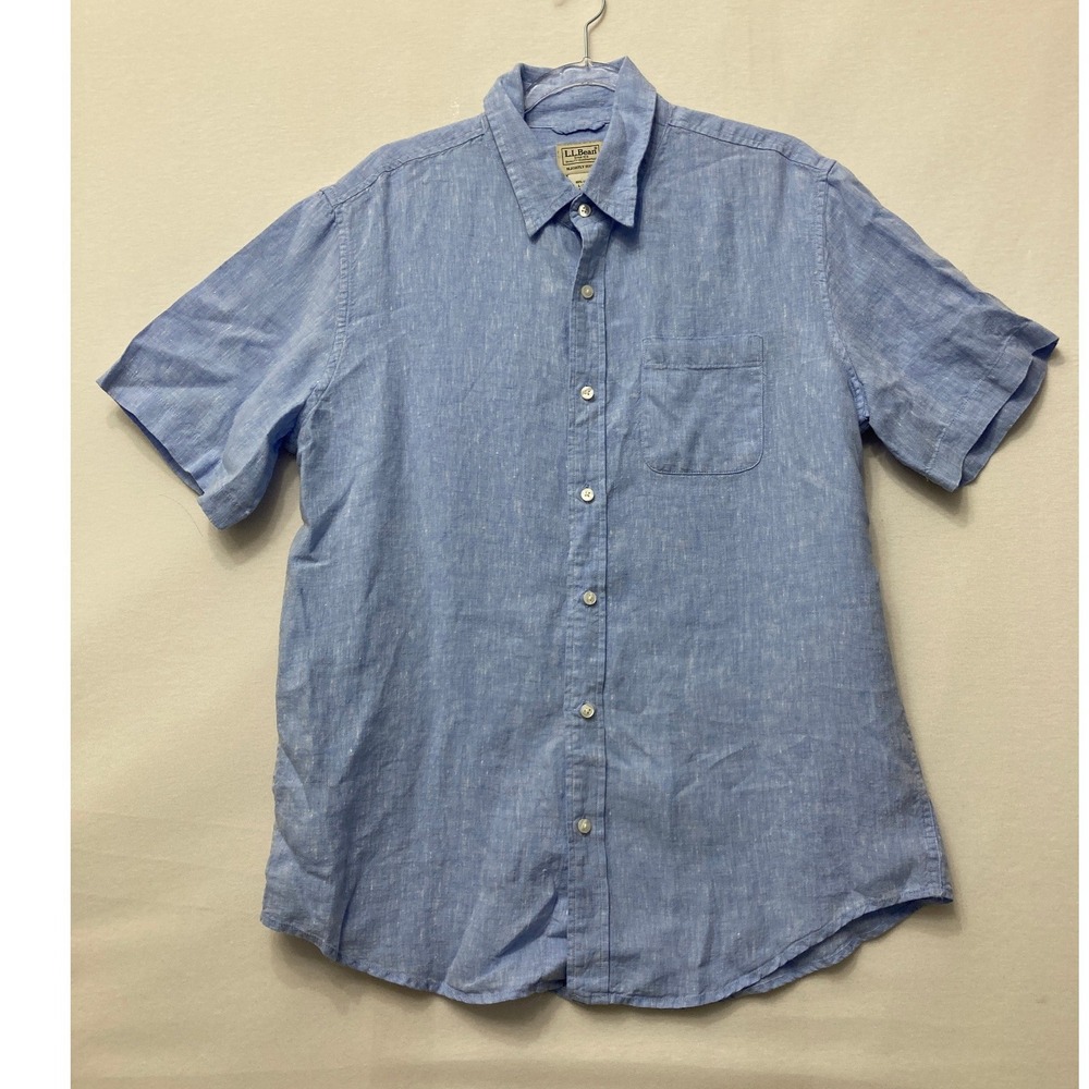 LL Bean Mens Linen Button Down Shirt Large Blue Short Sleeve Slightly Fitted
